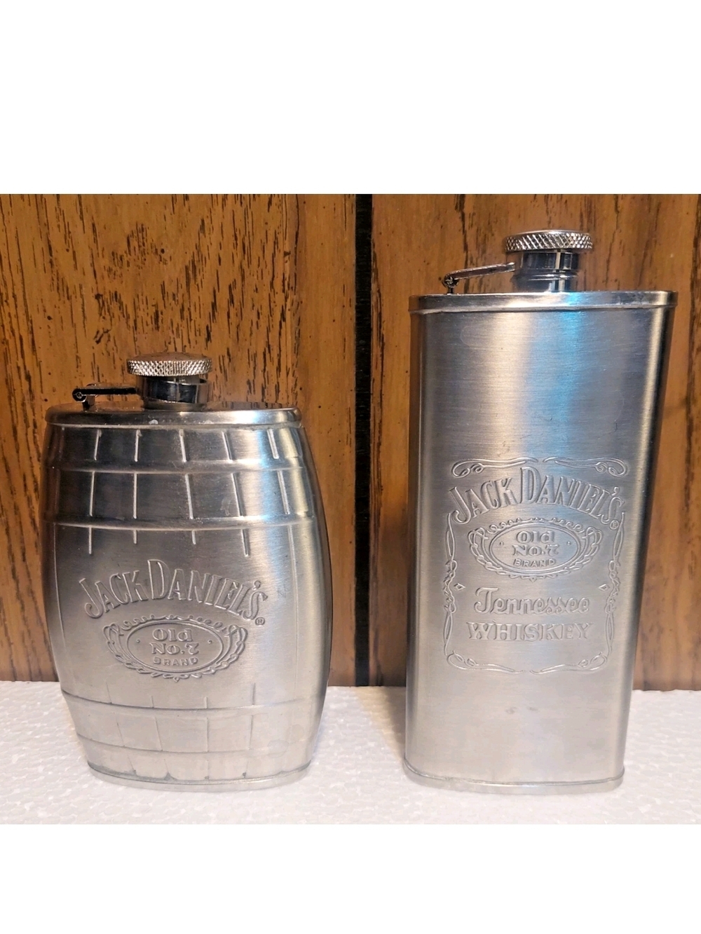 Jack Daniels Stainless Steel Barrel & Rectangular Hip Flasks Lot Of 2 From 2007